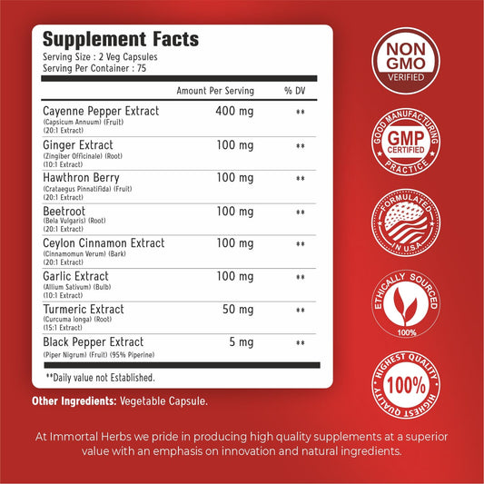 Immortal Herbs capsaicin supplement with garlic and ginger nutrition facts label