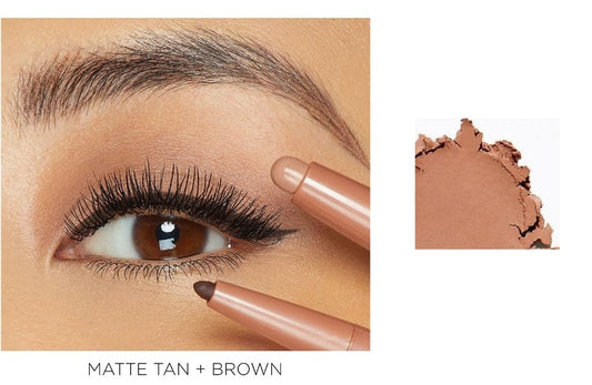 Close up of Tarte Quick Stick Matte Tan and Brown shadow and liner tips