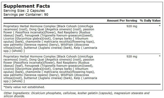 Supplement facts and ingredient label on back of Vitacost premium Black Cohosh hormone support capsules