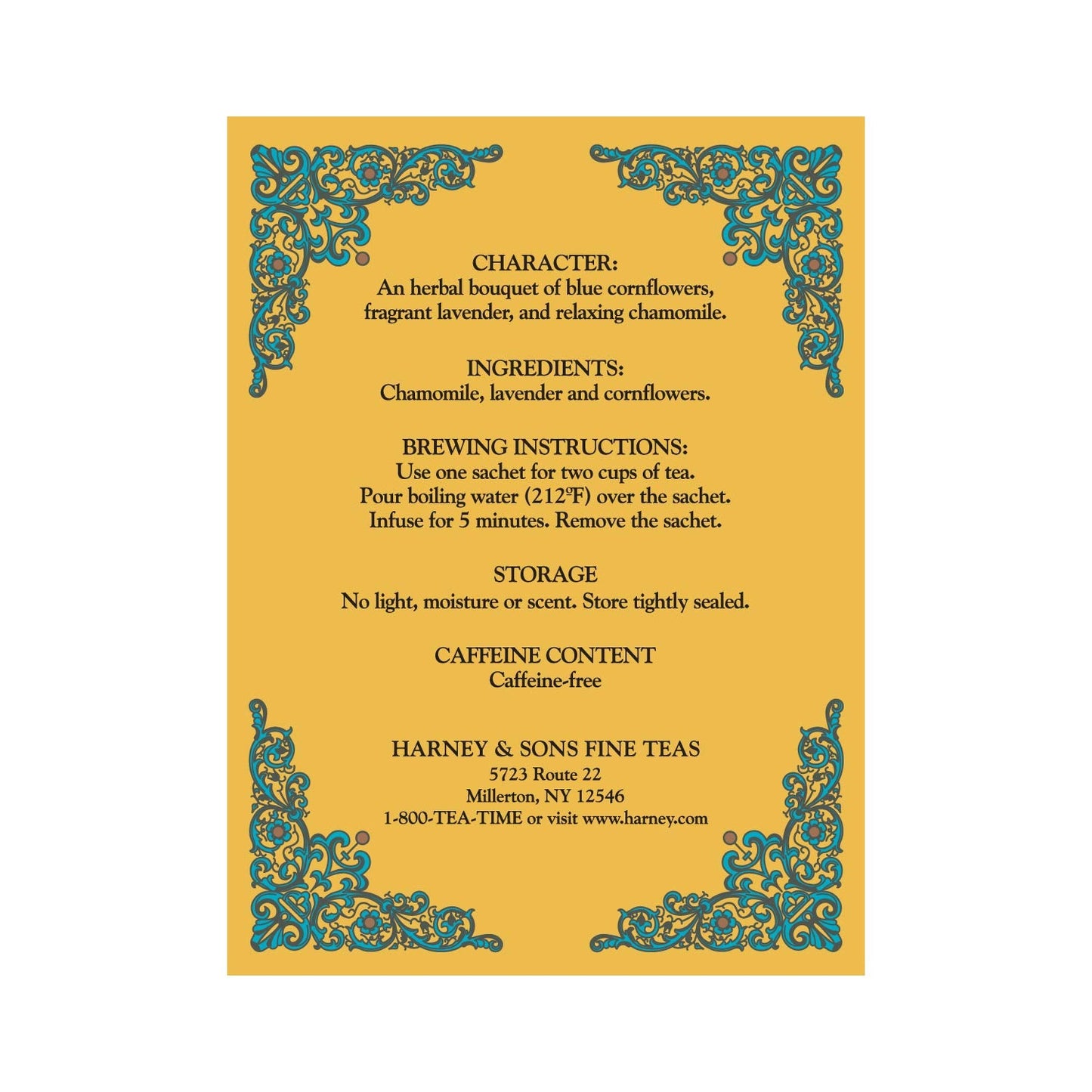 Authentic Harney and Sons herbal tea showing ingredients and silken sachets