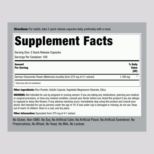 Piping Rock Chamomile Concentrated Extract bottle side view showing supplement facts and ingredient layout.