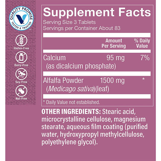 The Vitamin Shoppe Alfalfa 250 tablets supplement bottle label details