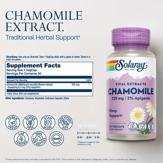 Solaray standardized chamomile capsules label details showing 2 percent apigenin content.