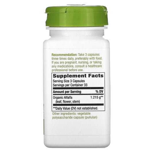 Nature's Way Alfalfa dietary supplement vegan capsules bottle label detail