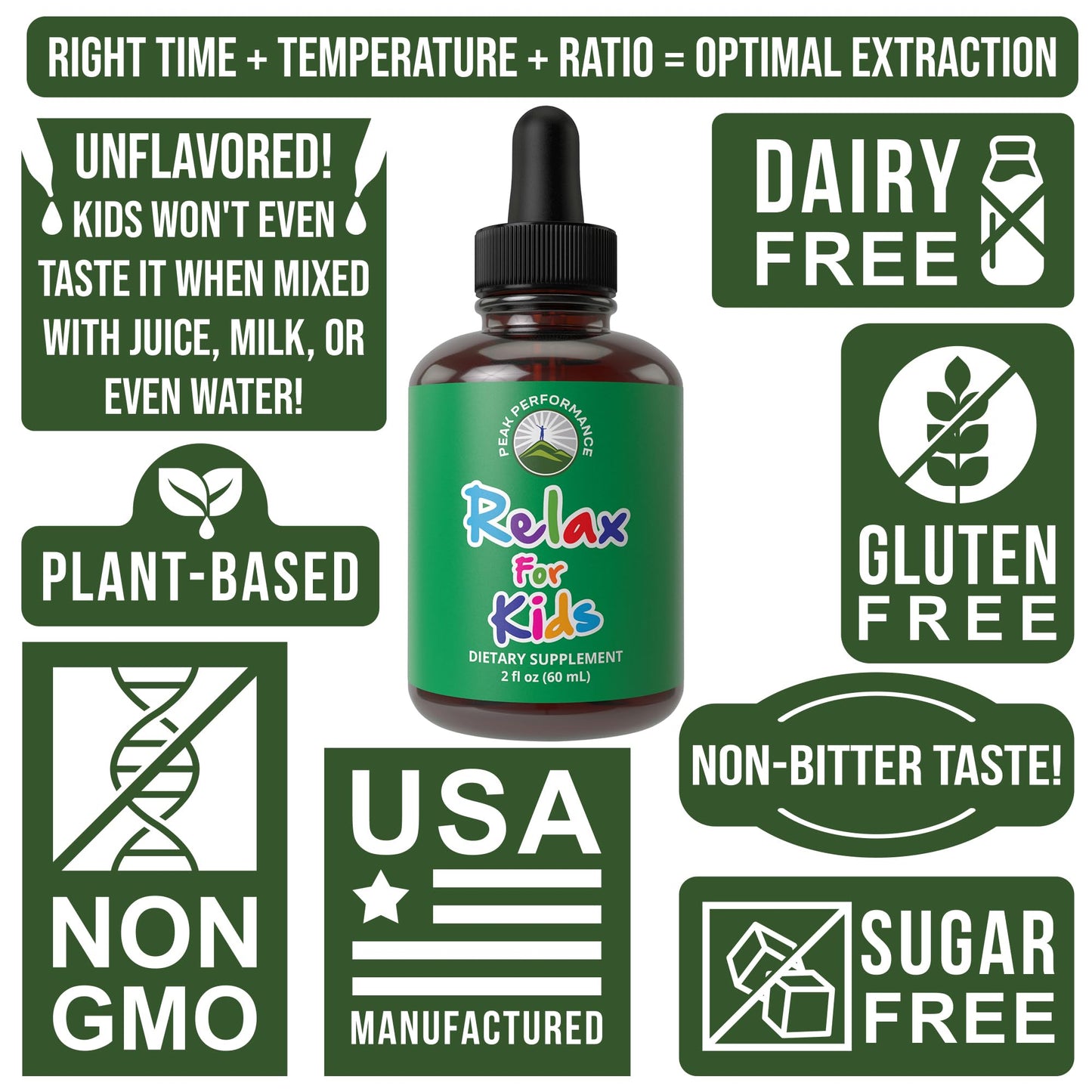 Peak Performance Kids Calm Liquid Drops premium imported wellness supplement product display