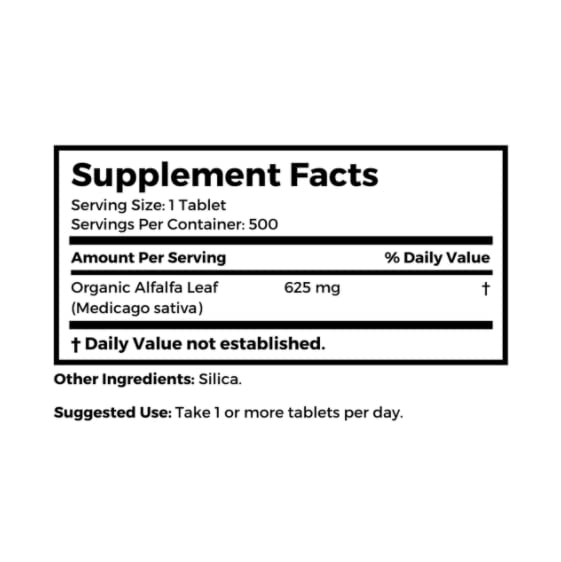 Bernard Jensen's Alfalfa supplement bottle with 500 tablets count