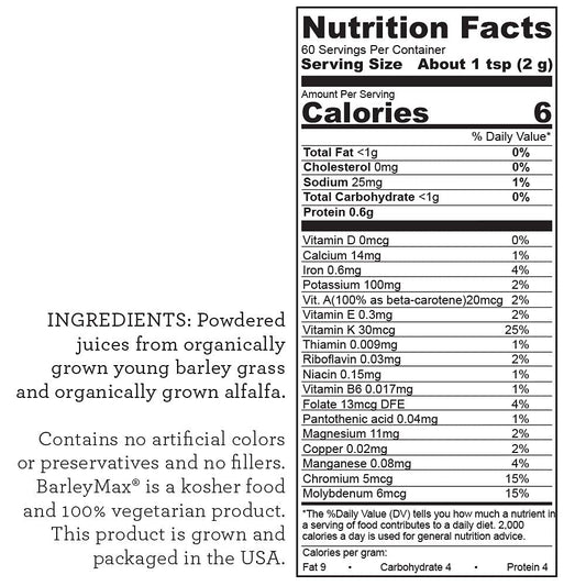 Hallelujah Diet BarleyMax organic grass powder label