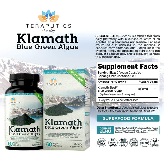 Close up label details of Teraputics blue green algae 500mg capsules