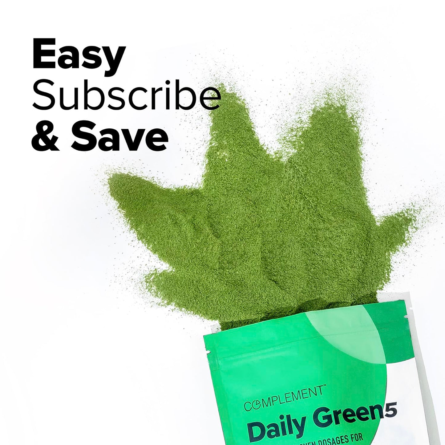 Ingredients list on Complement Daily Greens superfood pouch