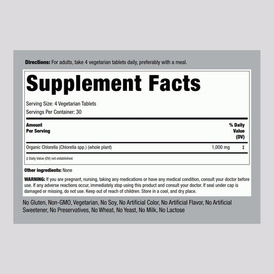 Piping Rock Chlorella vegetarian tablets supplement facts label