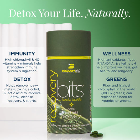 Close up of Energybits Chlorella algae tablets nutrition information