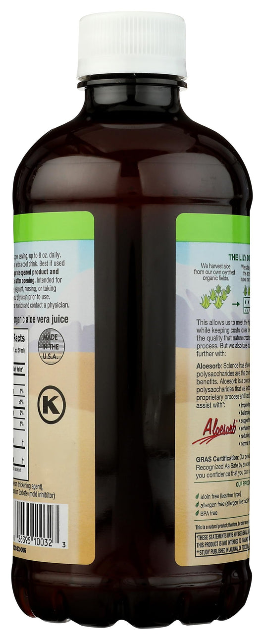Lily of the Desert internal aloe vera liquid supplement bottle showing organic certification