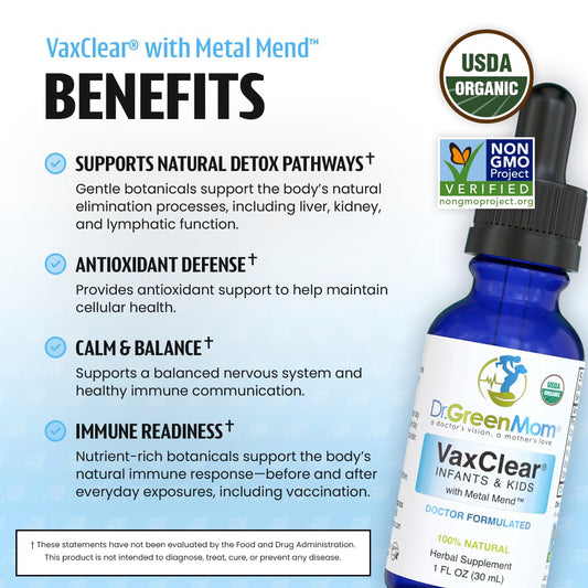 Dr. Green Mom VaxClear herbal liquid supplement bottle dropper detail
