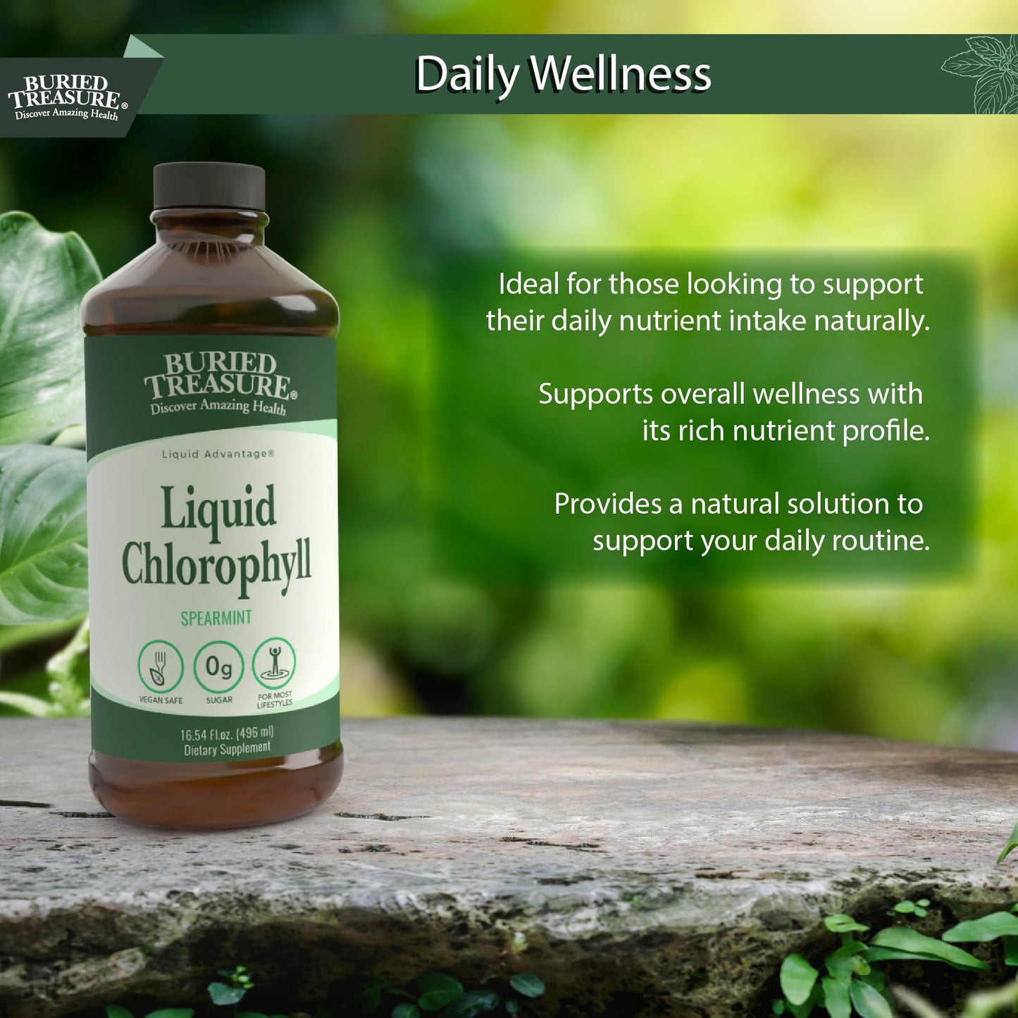 Authentic USA imported Buried Treasure liquid chlorophyll detox supplement bottle resting on counter