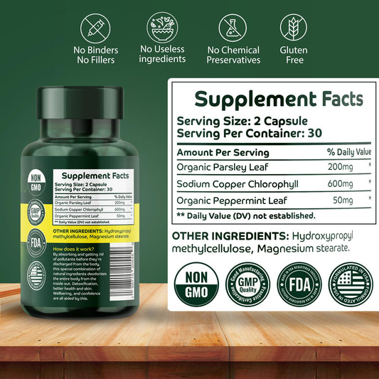 Orrys Vital Chlorophyll 600 Milligrams supplement facts label