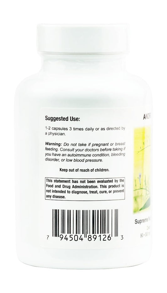 Supreme Nutrition Andrographis herbal dietary supplement for immune support supplement facts label