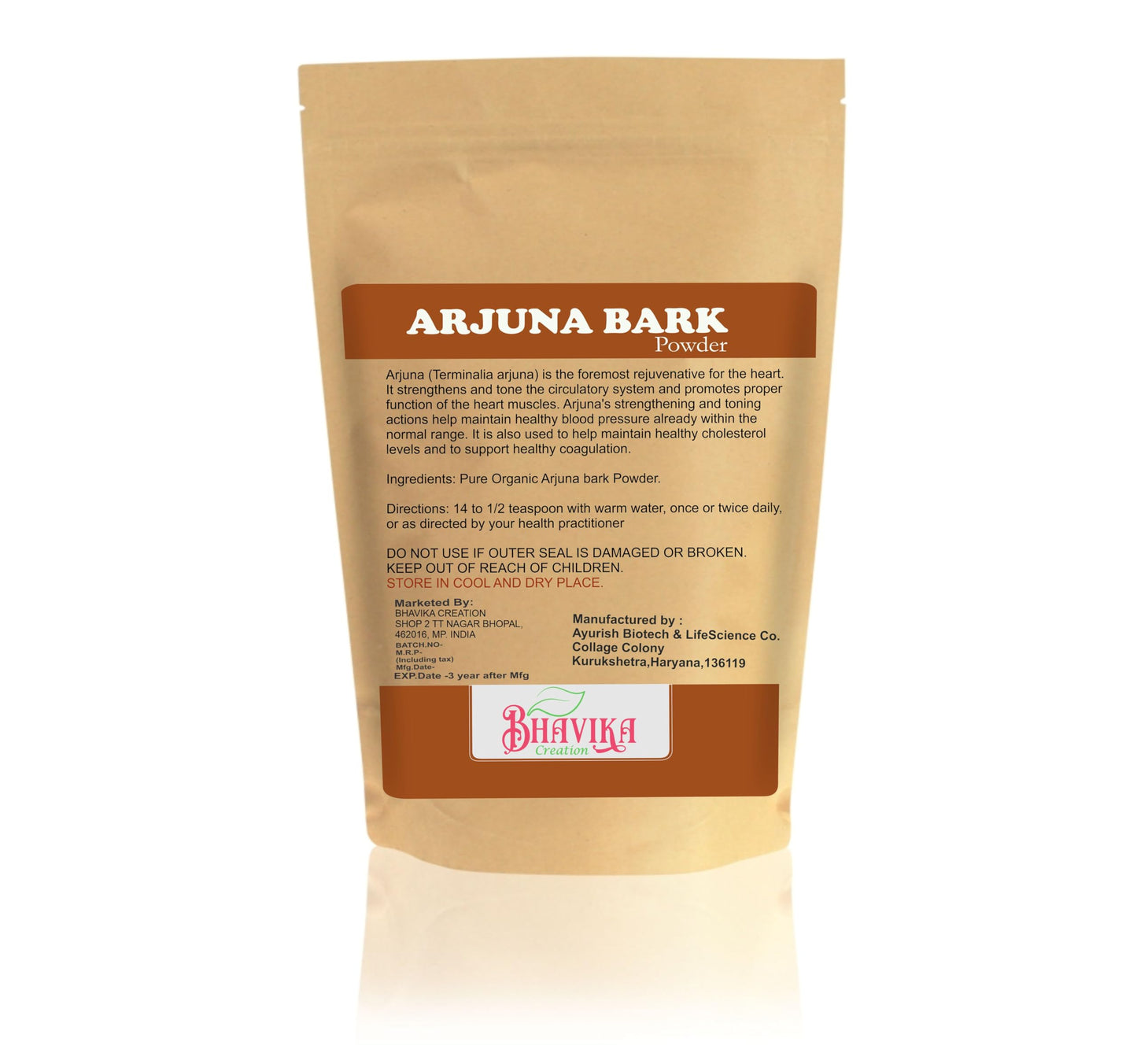 Finely milled Ayurvedic Arjun ki Chaal supplement powder by Bhavika Creation showing organic certification labels.