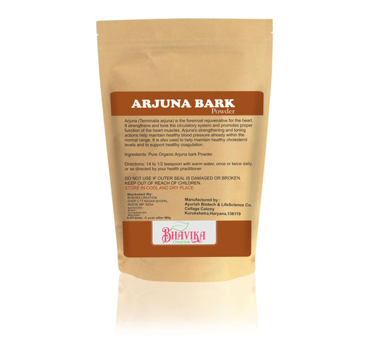 Finely milled Ayurvedic Arjun ki Chaal supplement powder by Bhavika Creation showing organic certification labels.