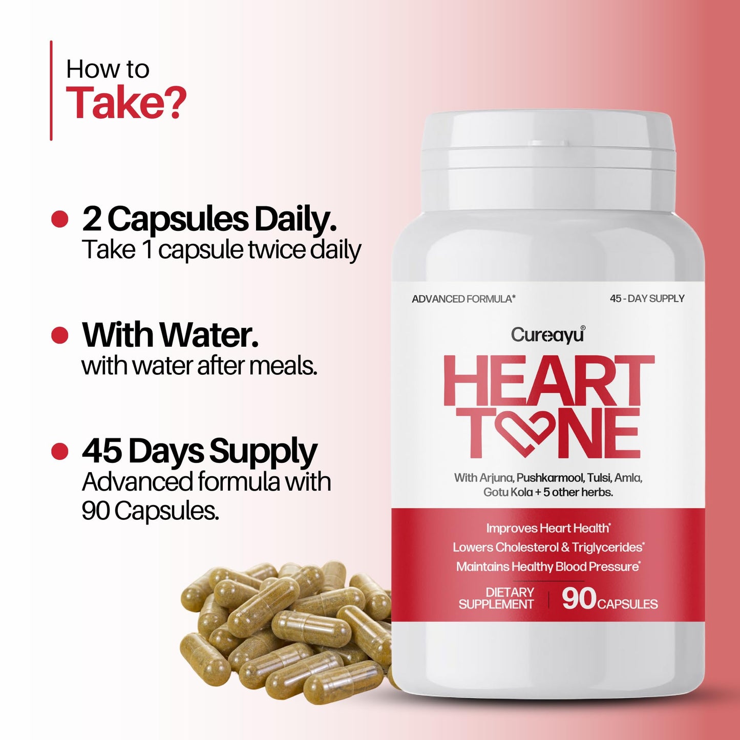 Cureayu Heart Tone 3 bottle combo pack for natural blood pressure and triglyceride management.
