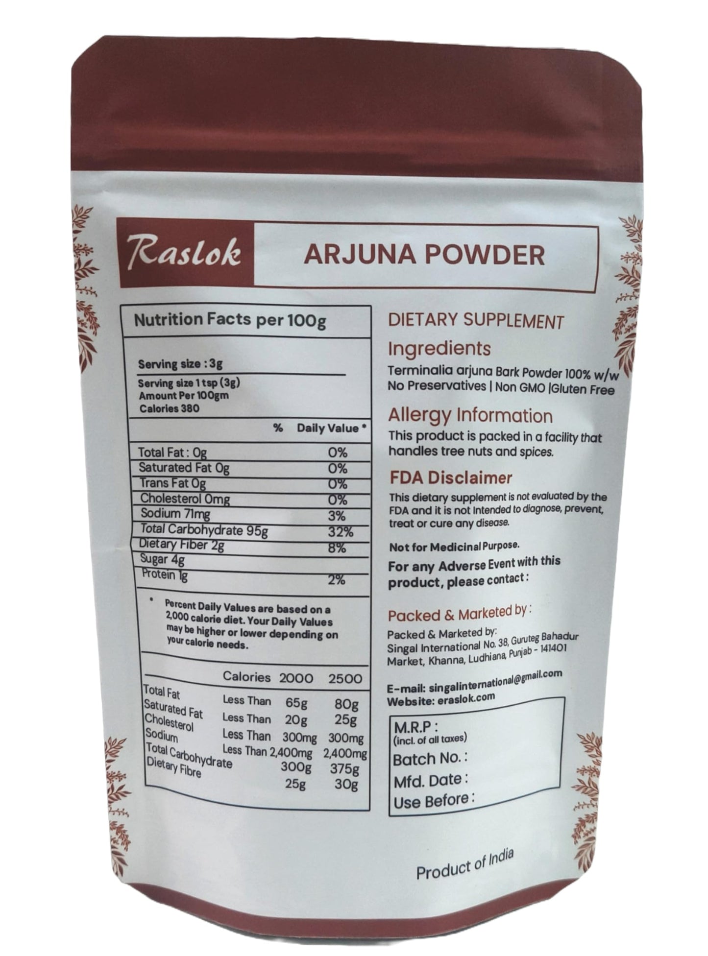 Pure brown Terminalia Arjuna bark powder from Raslok displayed next to its original product container.