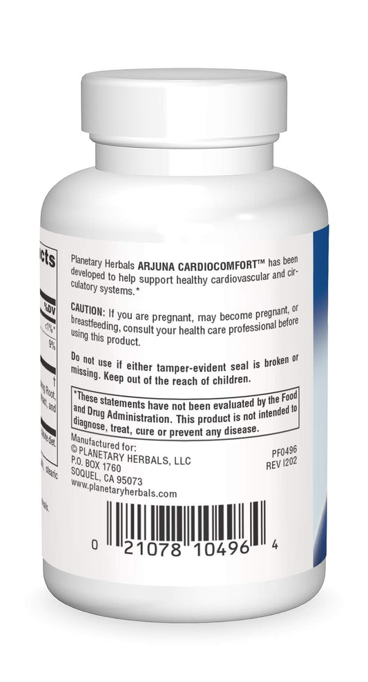 Planetary Herbals Arjuna Cardio Comfort side label displaying proprietary blend ingredients and 460 milligrams dosage.
