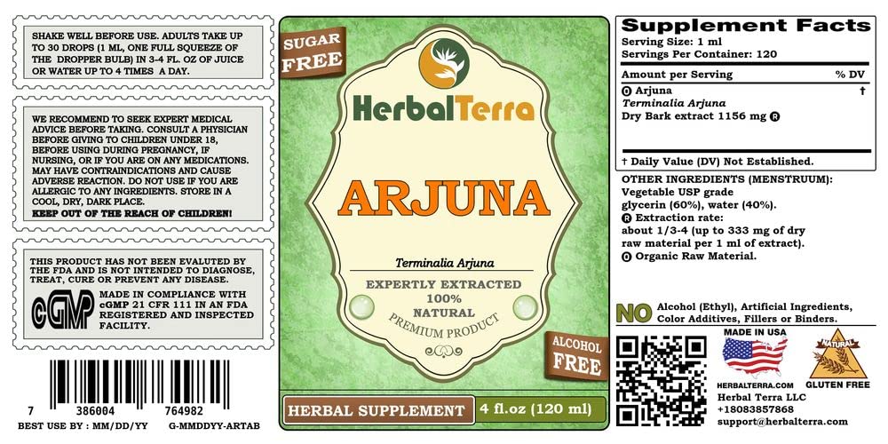 Alcohol-free Arjuna Terminalia liquid herbal tincture label details highlighting the certified organic and non-GMO ingredients.