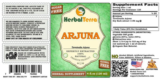 Alcohol-free Arjuna Terminalia liquid herbal tincture label details highlighting the certified organic and non-GMO ingredients.