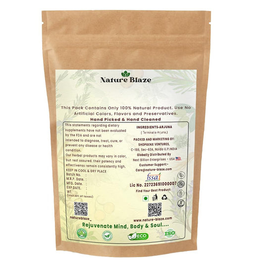 Finely ground Terminalia arjuna raw bark supplement powder next to its resealable container.