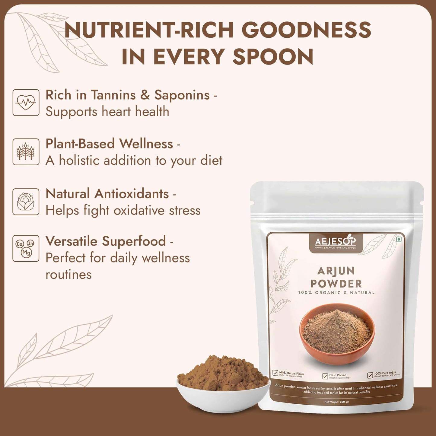 Nutritional facts and manufacturing details on the authentic USA imported Aejesop Arjuna bark powder bag.