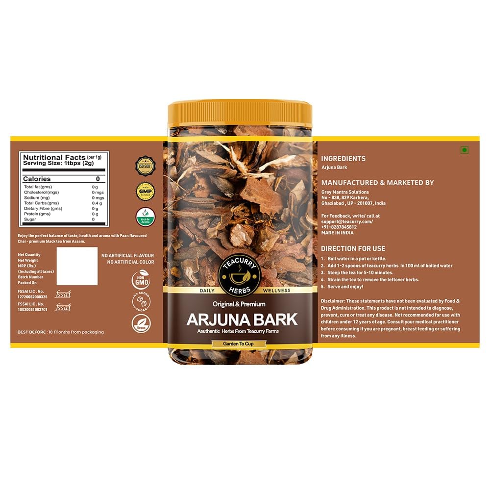 Teacurry Terminalia arjuna bark back label displaying usage instructions and shelf life