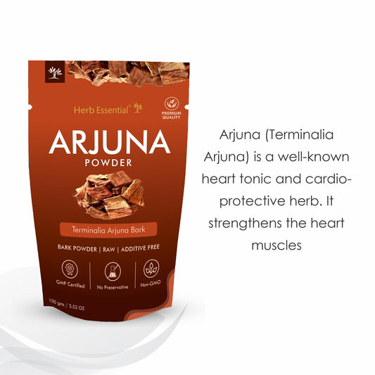 Pure Terminalia Arjuna bark powder supplement packaging showing product details.