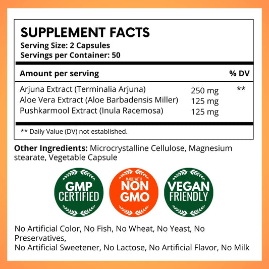 Ayurmed Arjuna plant based capsules supplement nutrition facts label showing ingredients