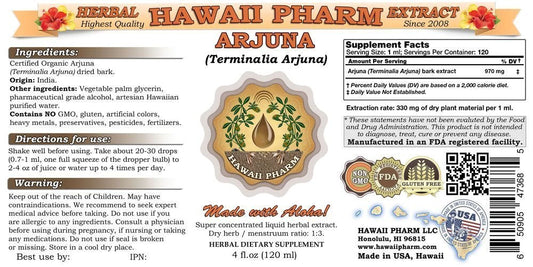 Hawaii Pharm Terminalia Arjuna four ounce tincture label details and ingredients
