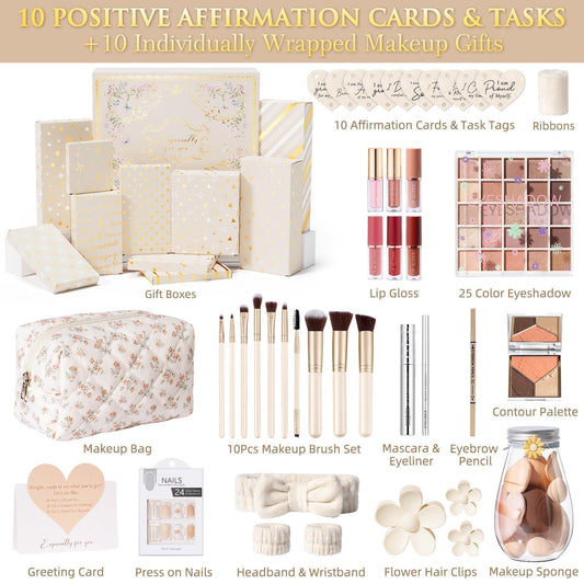Qinline teenage girls cosmetics bundle showing the twenty-five color eyeshadow palette and three-in-one face contour selection.