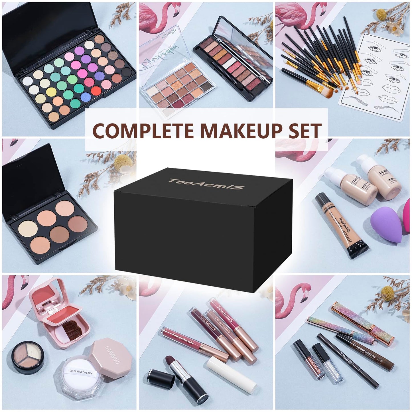TooAemiS full face makeup kit showing product textures and color variants compatible with all skin tones.