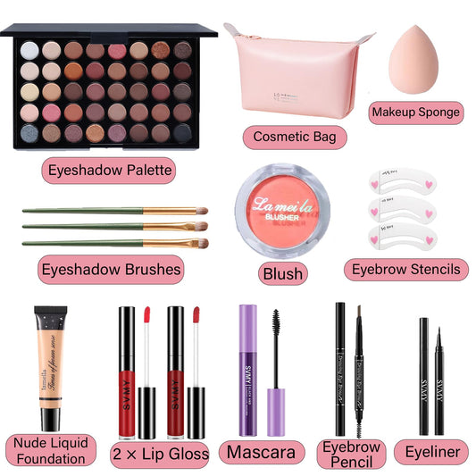 All in one full cosmetic kit components unboxed including foundation lip gloss and blending sponge