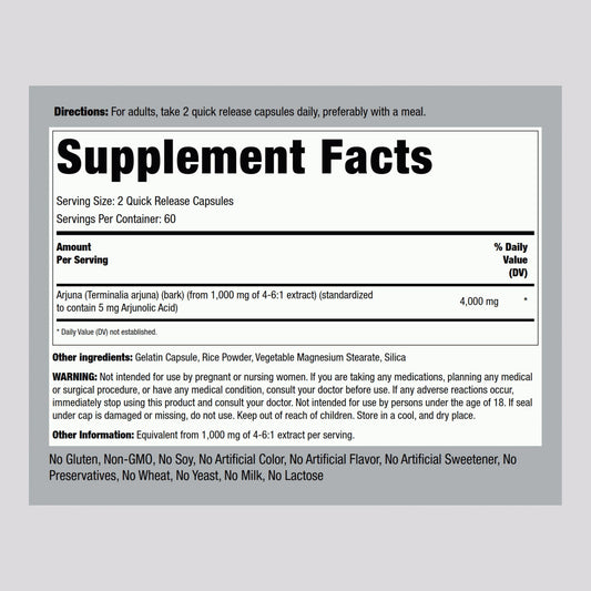 Piping Rock Arjuna supplement facts and ingredient label closeup