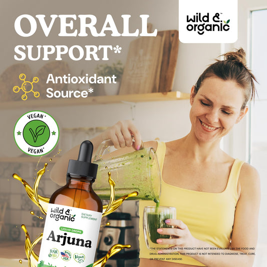 Wild and Organic Arjuna liquid drops nutritional supplement facts and clean ingredient list.