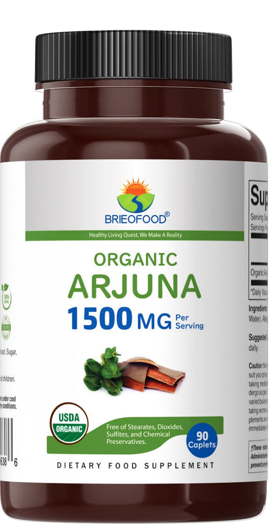 Brieofood Organic Arjuna 1500mg supplement facts and ingredients label layout
