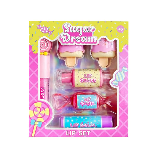 M&U MAKE YOU UP kids cosmetic kit displaying the non-toxic straight stick lip gloss and sweet candy-themed balms.