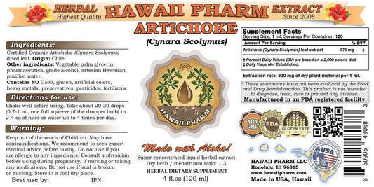 Close up of the supplement facts and recommended usage instructions on the back label of Hawaii Pharm Artichoke extract.