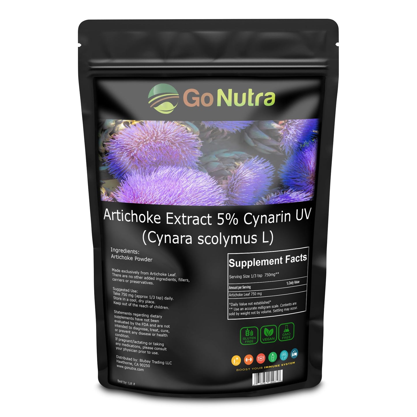 Authentic USA imported Go Nutra Artichoke Extract pouch showing the secure resealable packaging.