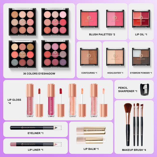 Color Nymph cosmetic set fully opened displaying four expanded trays filled with eyeshadows and blushes.