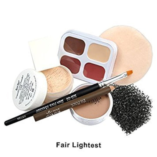 Ben Nye PK Zero makeup kit layout with foundation cream and applicator brushes