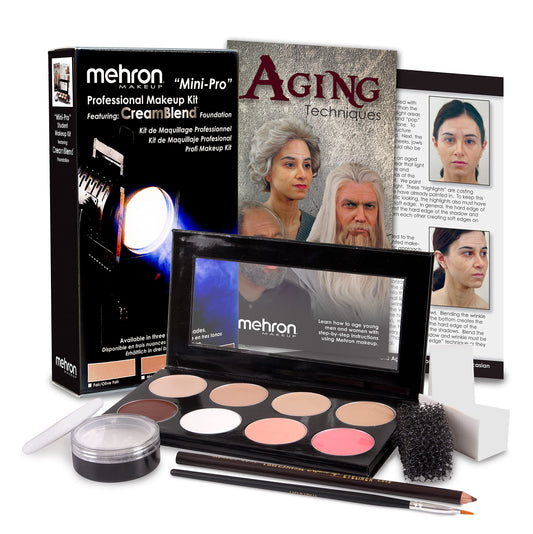 Open eight color cream palette from the Mehron Mini Pro theatrical student makeup kit.
