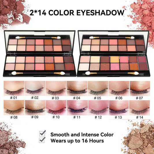 Karuizi makeup kit eyeshadow palettes open revealing the twenty eight matte and shimmer color shades