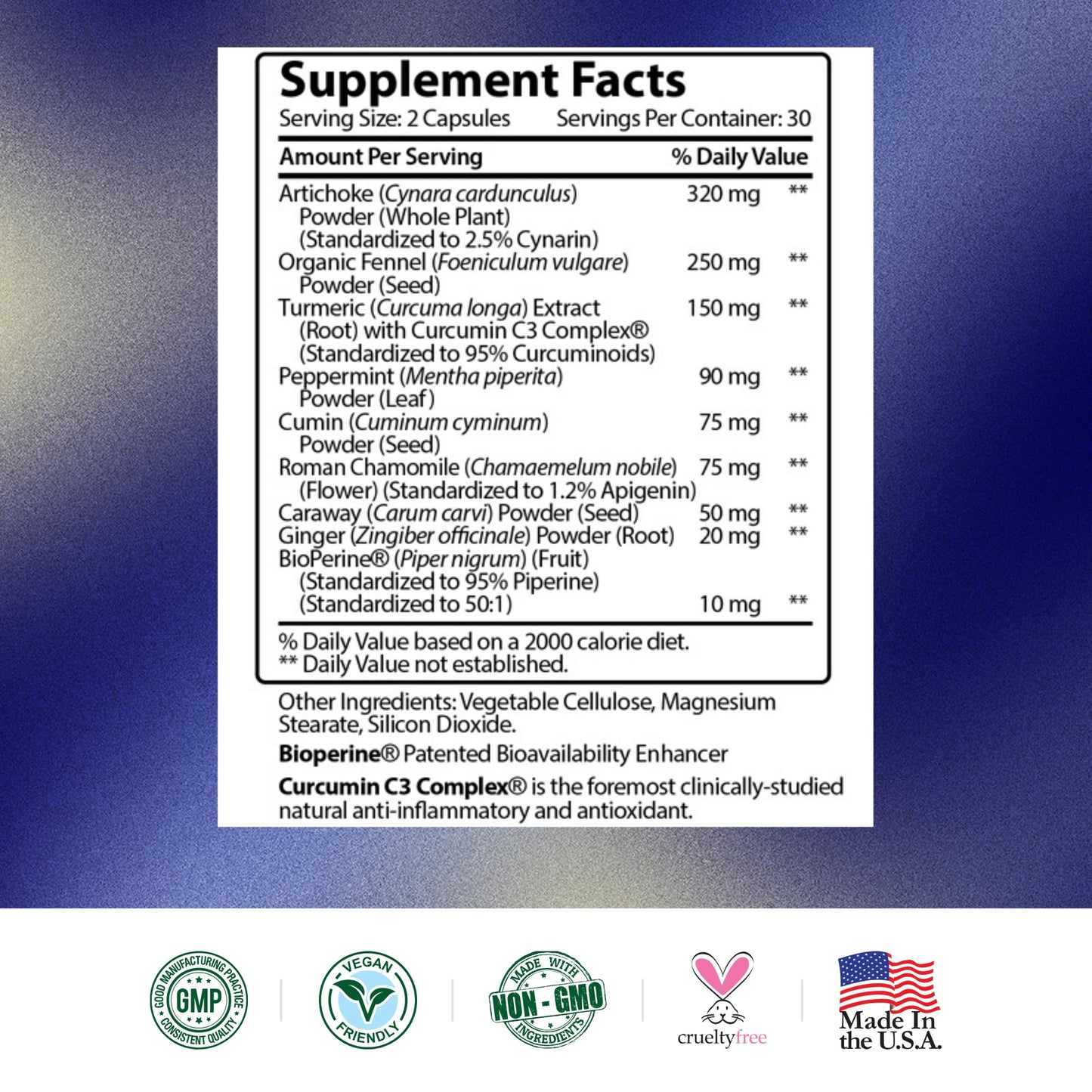 Natural herbal digestive support capsules for flatulence and water retention