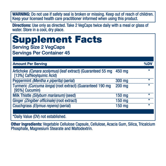 Solaray Gallbladder Support supplement facts label showing ingredients like artichoke and milk thistle.
