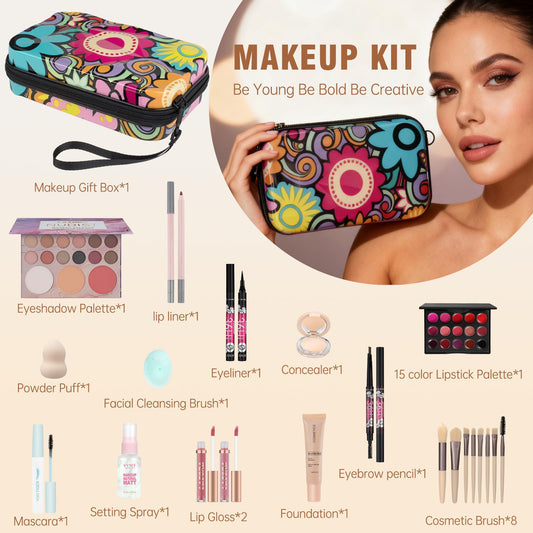 LAZORA cosmetic starter set with eight professional makeup brushes and liquid foundation bottles arranged neatly.