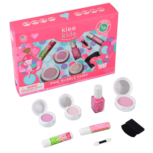 Klee Kids Pink Bubble Fairy nine piece set contents unboxed showing eyeshadows and blush